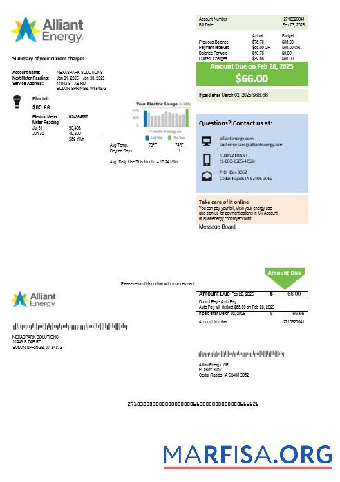 Blank USA Wisconsin Alliant Energy electricity business utility bill template in Word and PDF formats